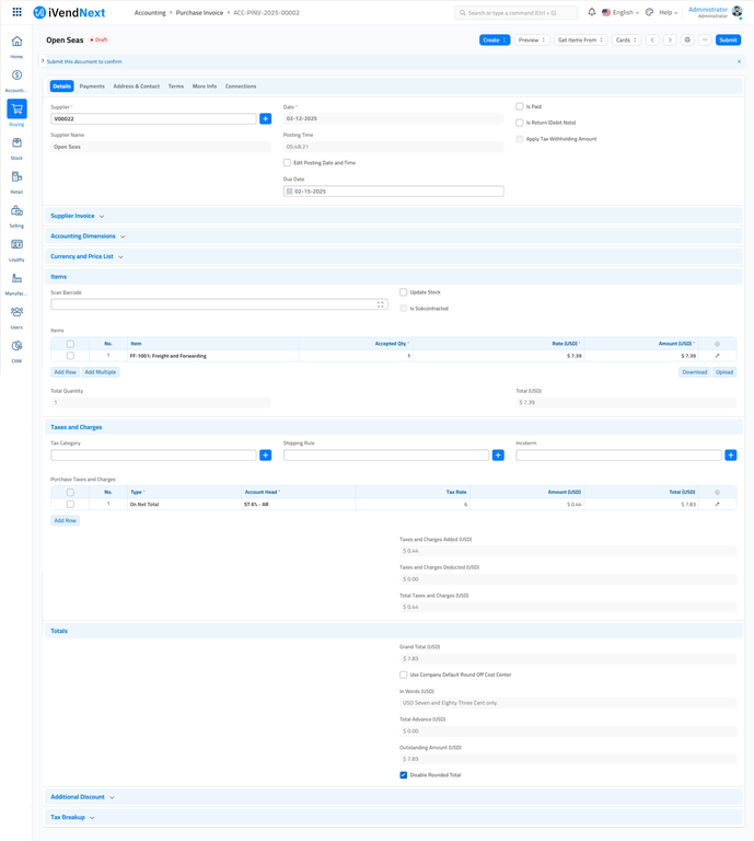 Purchase Invoice For Supplier - GST