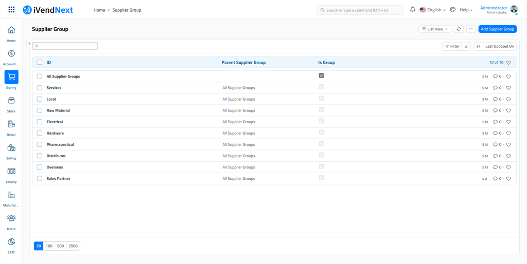 Supplier Group - List View Screen